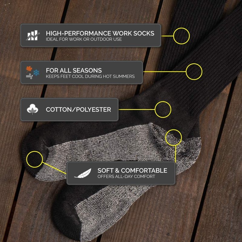 HOT FEET Work Socks for Men, Long All Weather Boot Crew Cotton Socks, Cushioned, Moisture Wicking. Black, 5 Pack, Size: 6-12.5