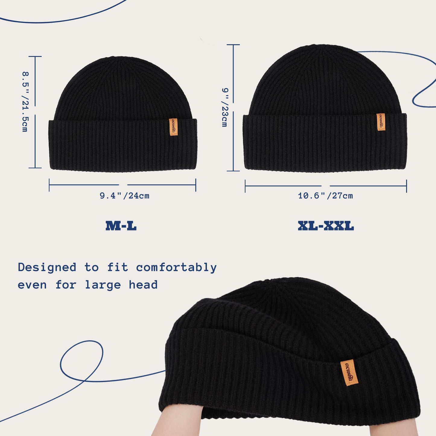ACUSHLA 100% Merino Wool Beanie for Men & Women Oversize Winter Hat for Big Head Unisex Knit Watch Cap Skull Wrap for Cold Weather, M-L Dark Grey