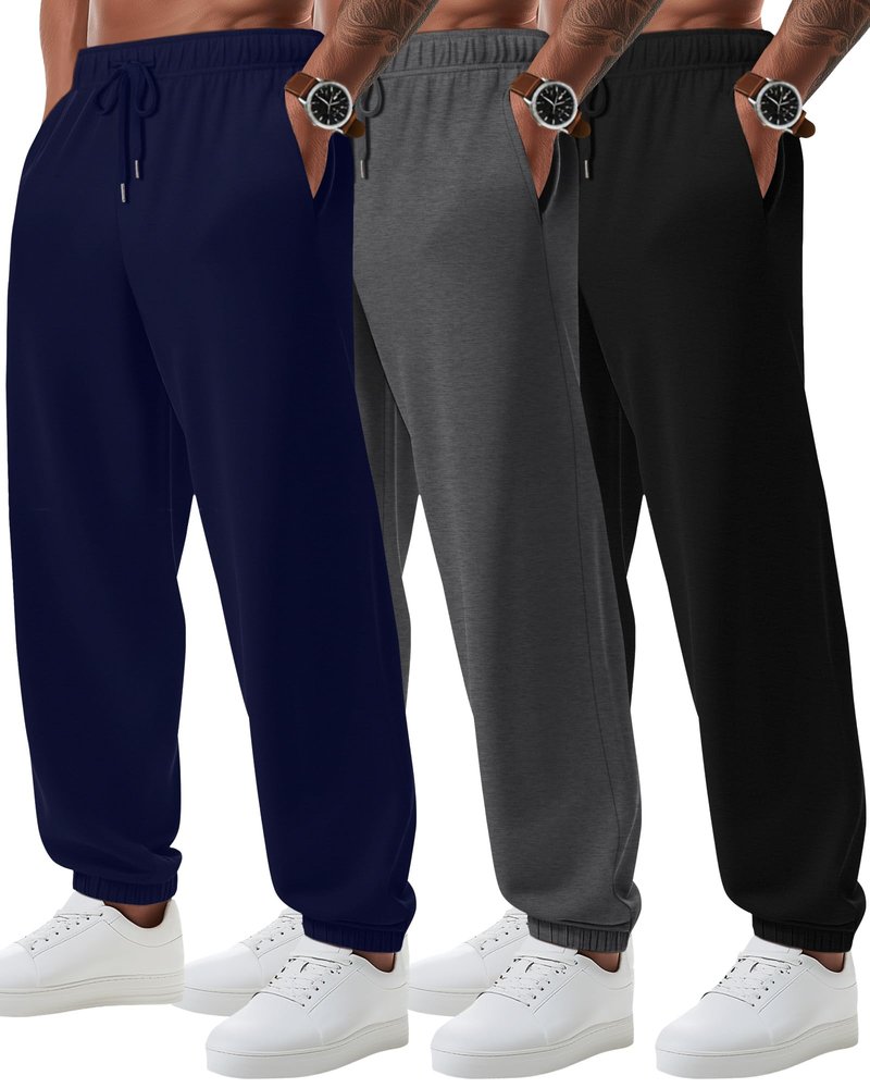 August Alley 3 Pack Big and Tall Sweatpants for Men Athletic Workout Jogger Lounge Pants with Pockets and Drawstring(Black,Navy Blue,Dark Grey,5X-Large)