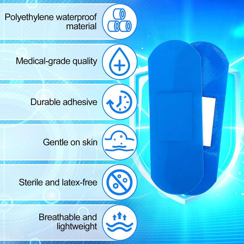 100pcs Multishape Plasters Waterproof Adhesive Bandages, Flexible & Breathable Latex-Free Wound Protection Patches Metal Detectable Adhesive Bandages for Food Service Industry Use