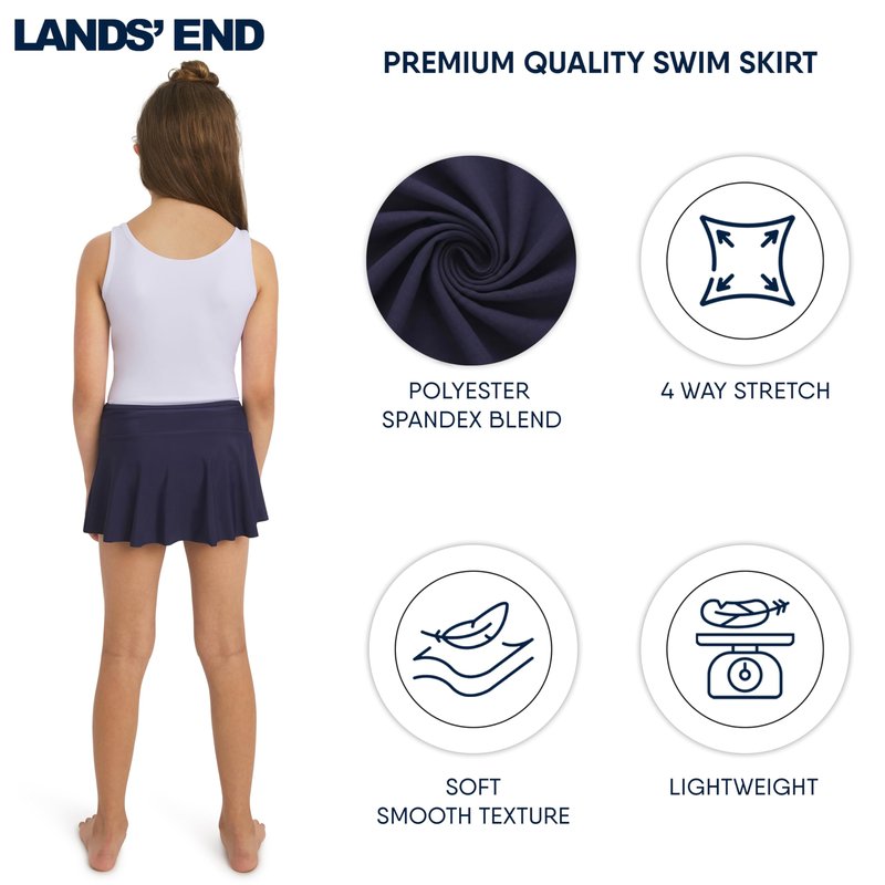Lands' End Girls' Swim UPF 50+ Stretch Waist Attached Bikini Bottom Swim Skirt, Deep Sea Navy, X-Large
