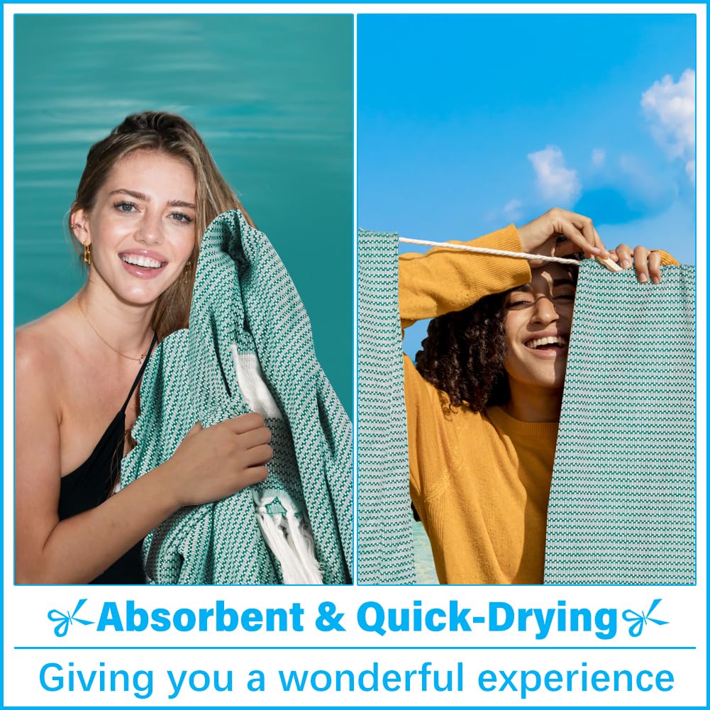 Vikumond Turkish Beach Towel Blanket,Oversized 88x82 Inch,Quick Dry,Teal