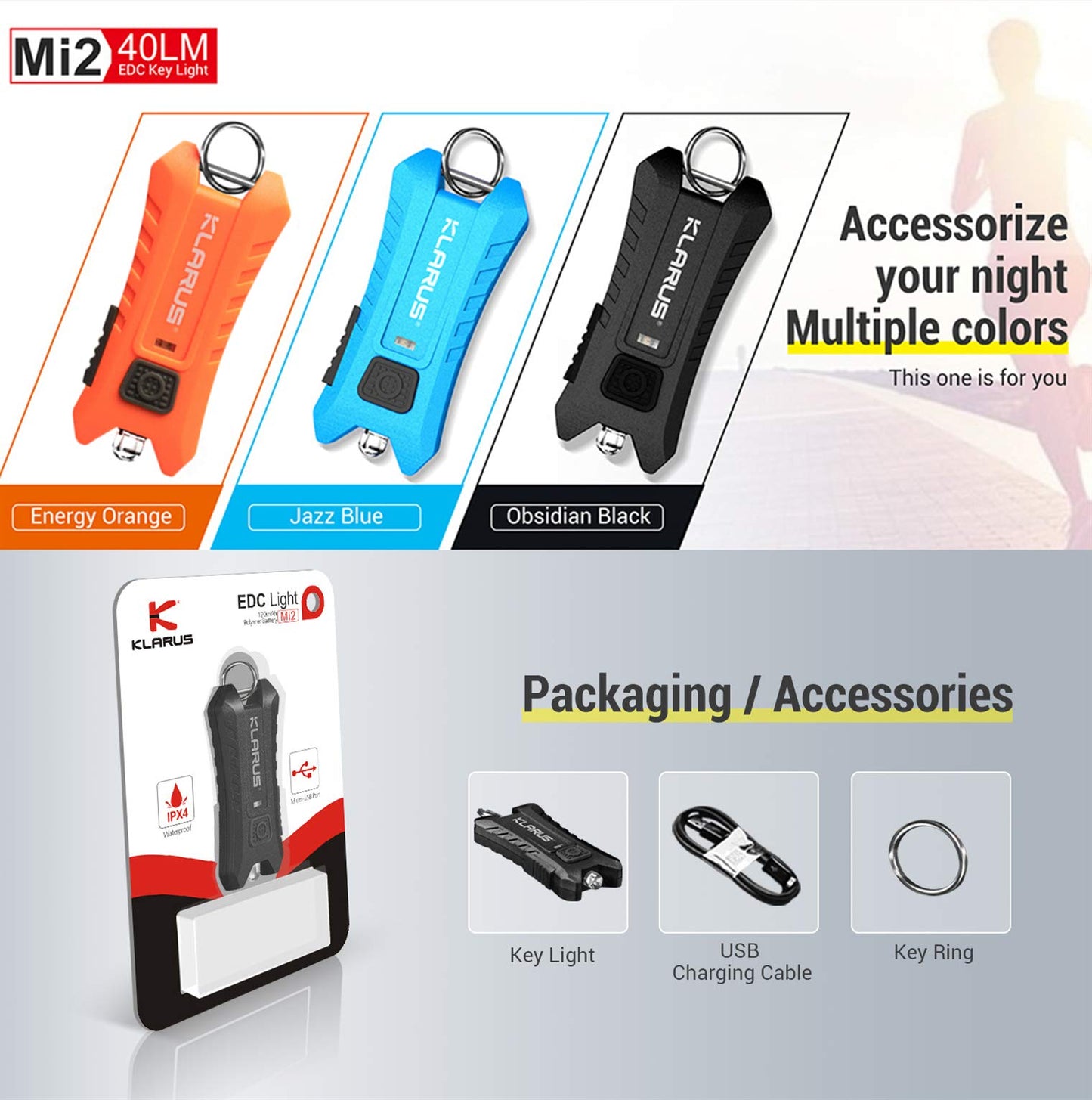 klarus Mi2 Mini LED Keychain Flashlights, Super Lightweight & Small Rechargeable 40 Lumens EDC Flash Light with Built-in Battery and USB Cable(Orange)