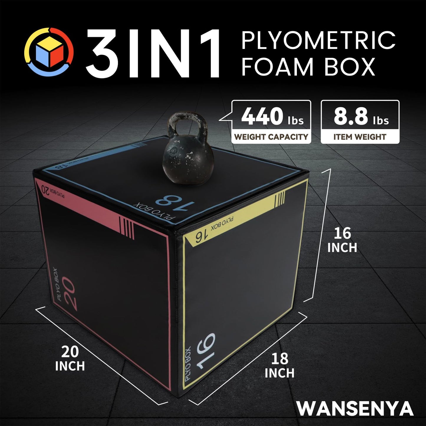 Wansenya 3-in-1 Dense Foam Plyometric Jump Box,20"x18"x16",Stable Non-Slip Box Jumps for Home Gym,Exercise Foam Plyo Box for Fitness Training-Step-Ups,Split Squats,Dips, Box Jump Cube