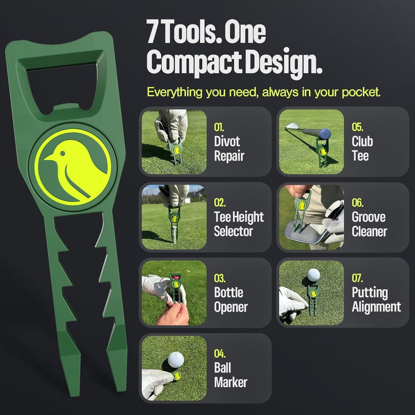 BirdieWorks 7-in-1 Metal Golf Divot Tool with Magnetic Ball Marker - Tee Height Setter, Bottle Opener, Groove Cleaner, Putting Alignment, Club Tee - Durable Green Accessory Gift for Men & Women