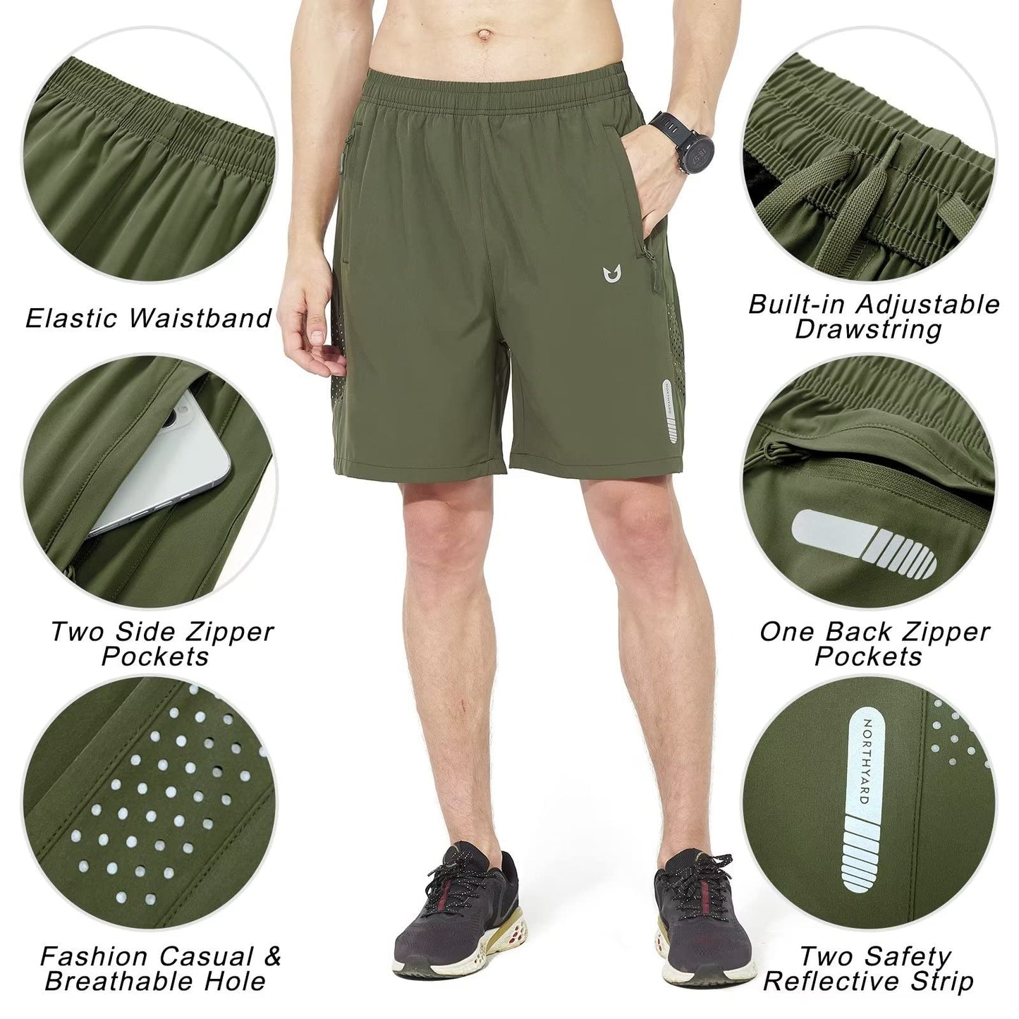 NORTHYARD Men's Athletic Running Shorts Gym Workout 7"/9"/5" Quick Dry Lightweight Sports Basketball Tennis 3 Zipper Pockets ArmyGreen M