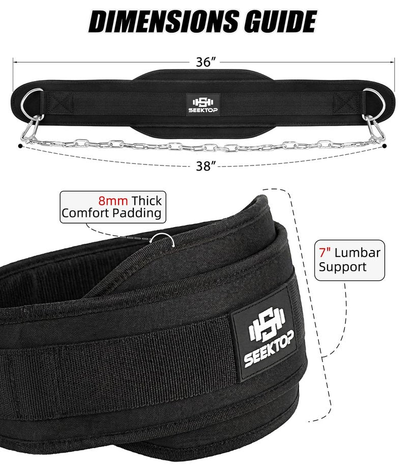 Seektop Dip Belt for Weightlifting - GYM Workout Pull Ups Belt with Chain, Neoprene Waist Dip Belt Crossfit for Weight Lifting, Squat, Training, Fitness, Men & Women (Belt & Chain) (Black)