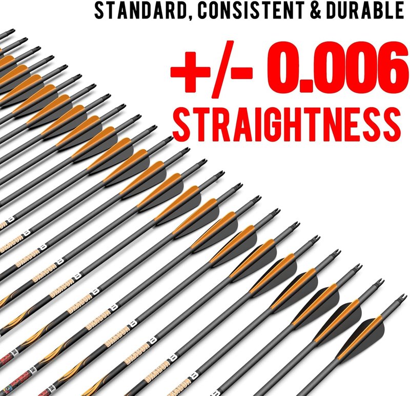 100% Pure Carbon Hunting Arrows - Olympic-Grade 10 Spine Deflection | Straightness 0.001" to 0.006" | 12 or 24 PCS for Compound & Recurve Bows