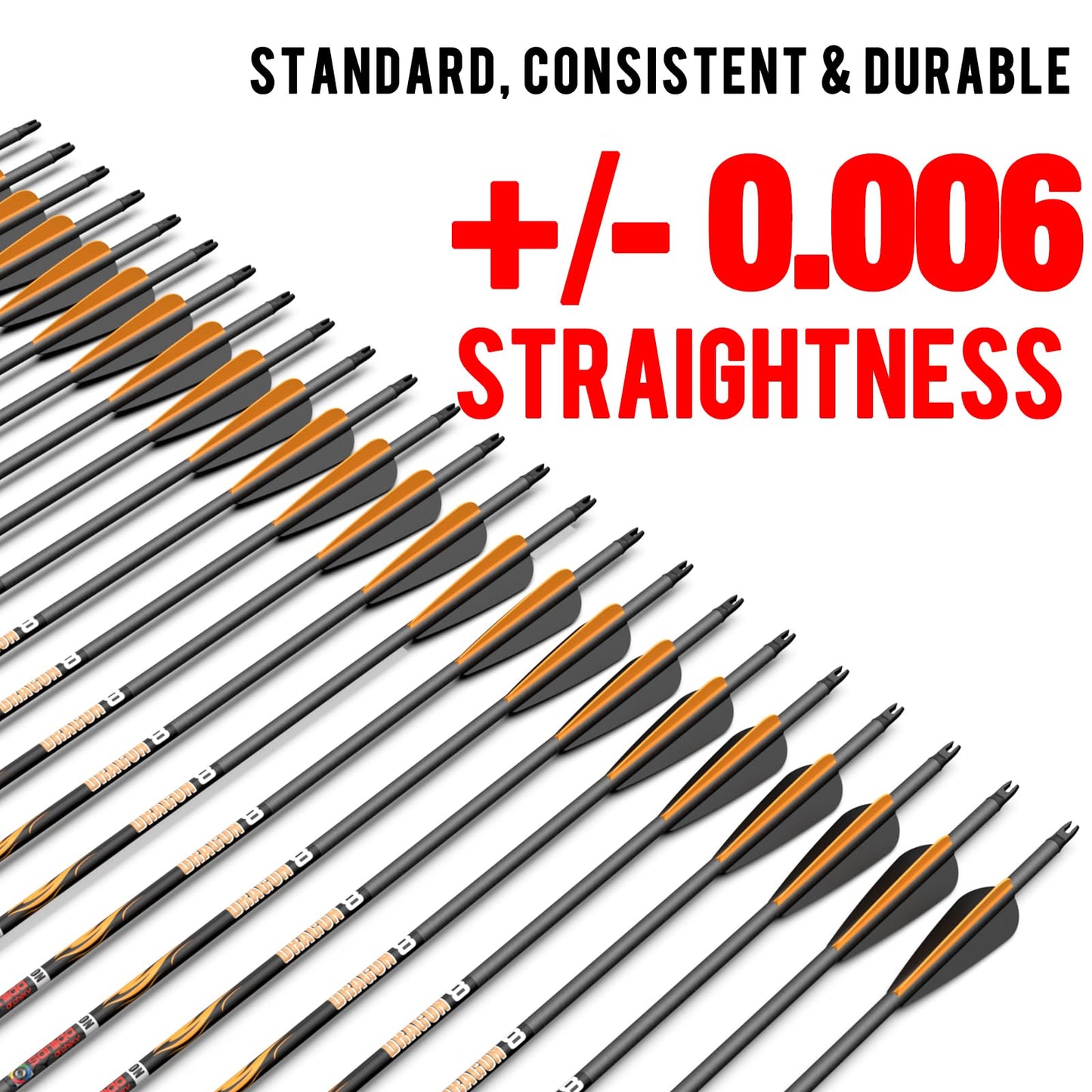sanlida Dragon 8 100% Pure Carbon Hunting Arrows, 32" Ready-to-Shoot Arrows with Inserts, ±0.006" Straightness, 10-Spine Options, for Compound & Recurve Bows, 24 Pack (320 Spine)
