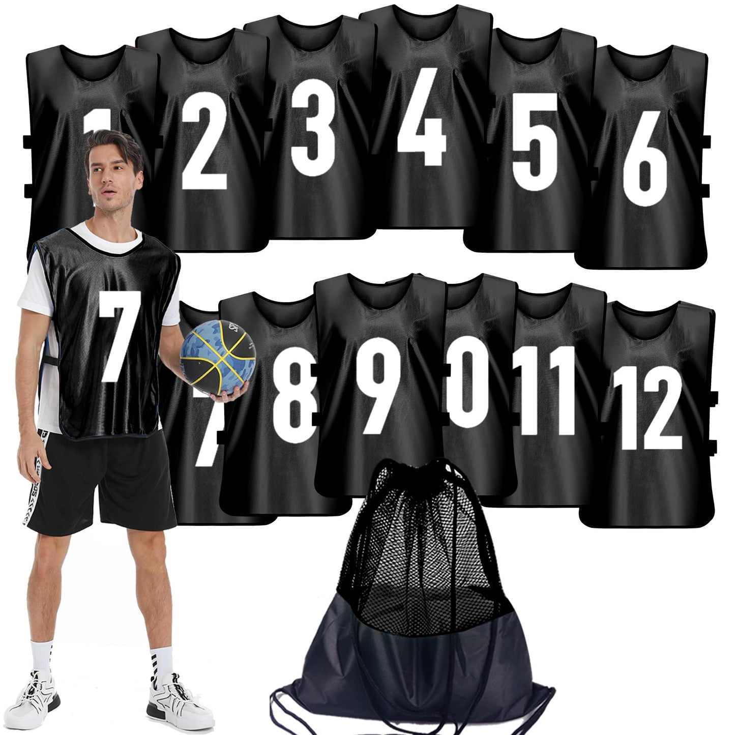 PULUOMASI 12 Pcs Team Sports Pinnies for Youth,Numbered Practice Jerseys