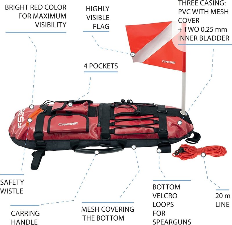 Spearfishing Signal Board Buoy - Spearguns Holder w/Line & Flag - Pockets, Ring - Designed by Cressi: Quality Since 1946
