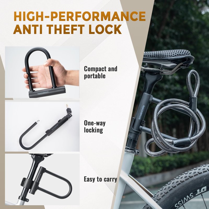 ROCKBROS U Lock Bike U Lock with Cable Heavy Duty Anti Theft Bike Lock U-Lock 4 ft Cable with Keys & Sturdy Mounting Bracket for Road, Mountain, Electric