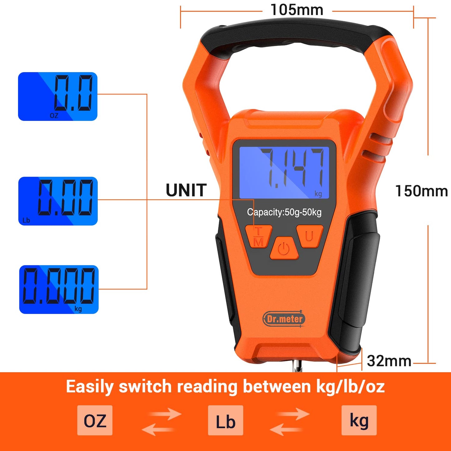 Fish Scale Waterproof - Digital Hanging Luggage Weight Scale with Backlit LCD Display | 110lb/50kg Capacity, Built-in Tape, Upgraded Handle