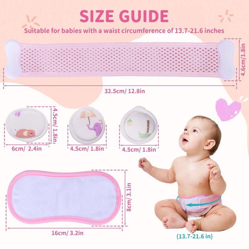 ENLUNTRA Umbilical Hernia Belt Baby，baby belly button band with 3 Different Shaped Compression Pads,belly button shaper,Adjustable Navel Band Newborn Umbilical Cord 14-21 inch(Pink)