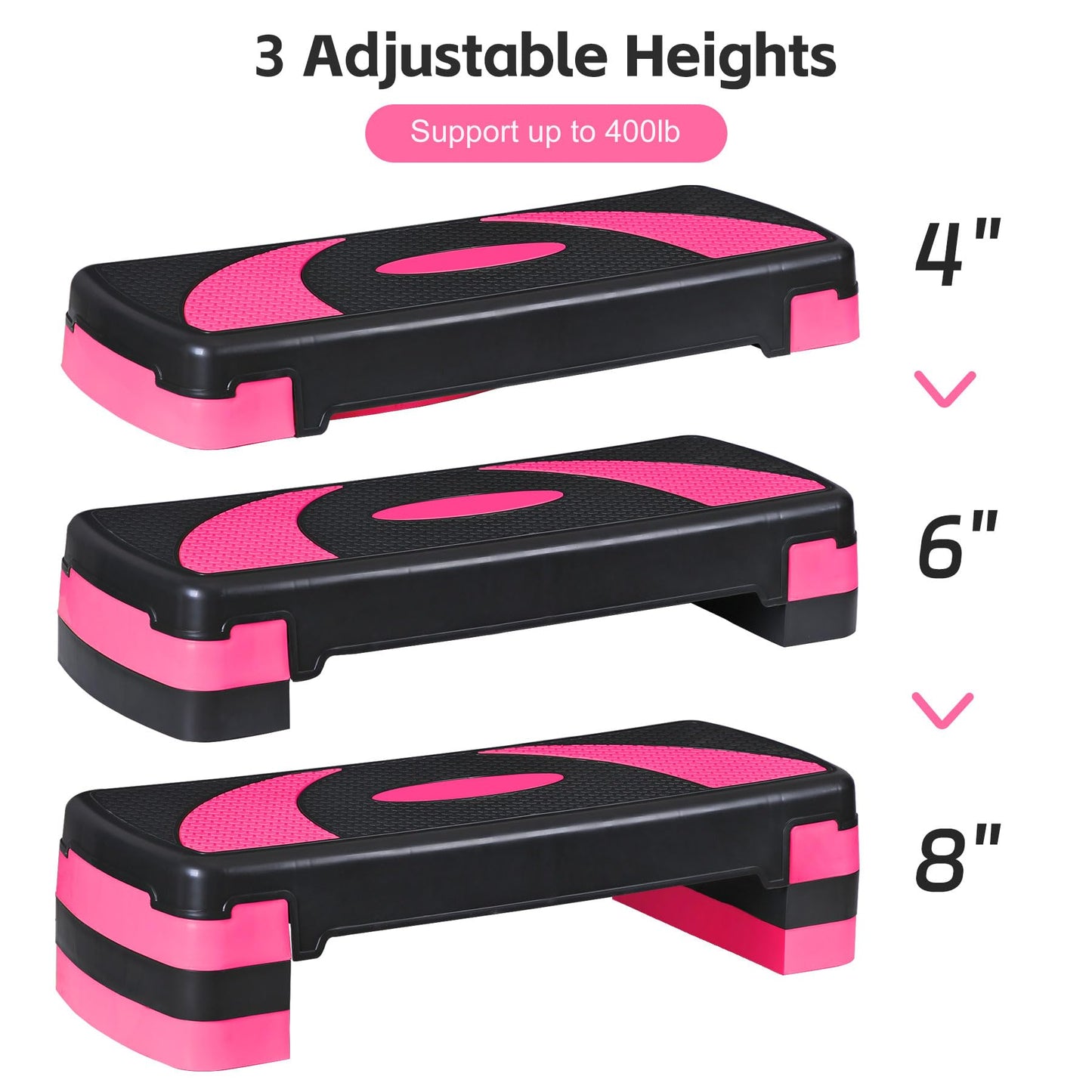 JungleA 31" Aerobic Step Platform, 3 Levels Height Adjustable Steppers For Exercise at Home Gym, Cardio Workout Step Platform Wide Bench, 4 Stackable Risers, Non Slip Fitness Stepper Up Box, Pink