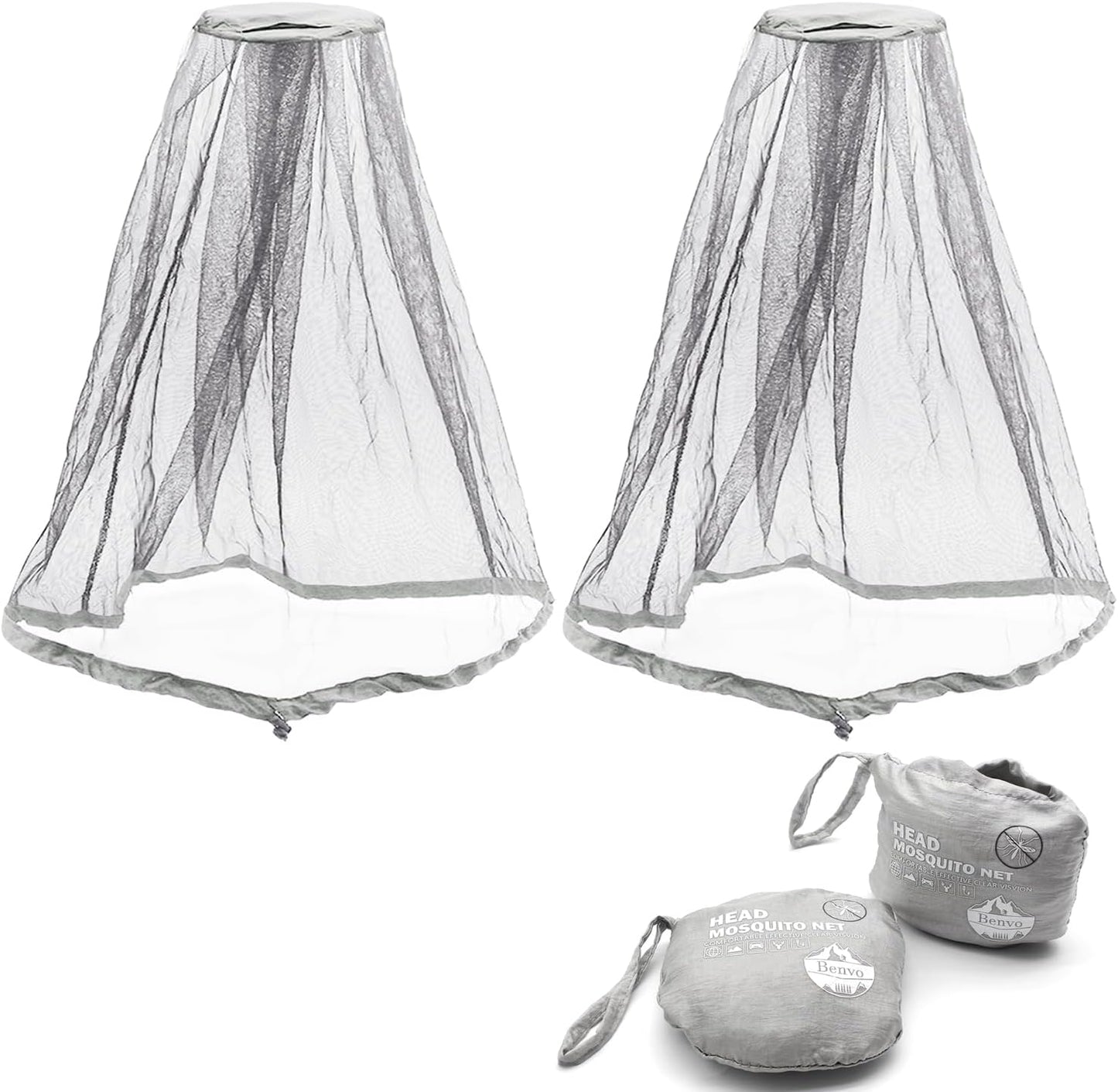 Benvo Mosquito Head Net - Mesh Face & Neck Insect Shield for Fishing, Camping | 2pcs, Grey, Upgraded Design