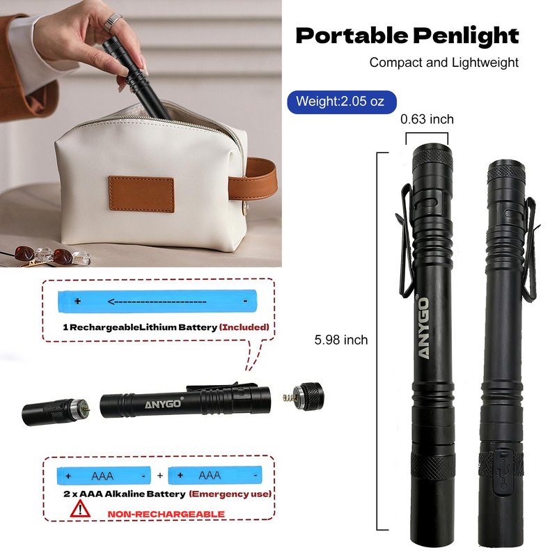 ANYGO Rechargeable Pen Light Flashlight, High Lumens Pocket Flashlight with Clip, 2 Modes Waterproof Small Flashlights, LED Mini EDC Tactical Flash Light for Inspection, Work, Repair