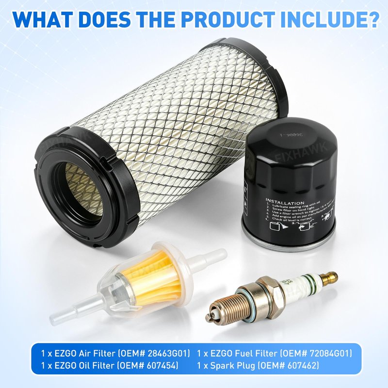 FIXHAWK EZGO Tune Up Kit, EZGO Oil Change Kit for EZGO TXT 2010-up & EZGO RXV 2008-up Gas Golf Cart with Kawasaki Engines. Include Fuel Filter Air Filter Oil Filter Spark Plug, Replace OEM# 611879