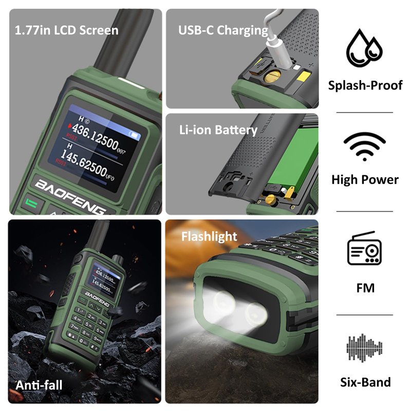 BAOFENG UV-17H GPS Two Way Radio Type-C Charging High Power Radio UV-17 Pro Max GPS 1.77in LCD Screen Rechargable Ham Radio (Green)