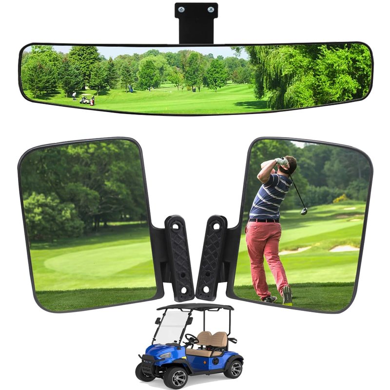 HKOO Golf Cart 16.5" Wide Folding Side & Rear Panoramic Mirrors - Fits Club Car, EZGO, Yamaha Combo Pack