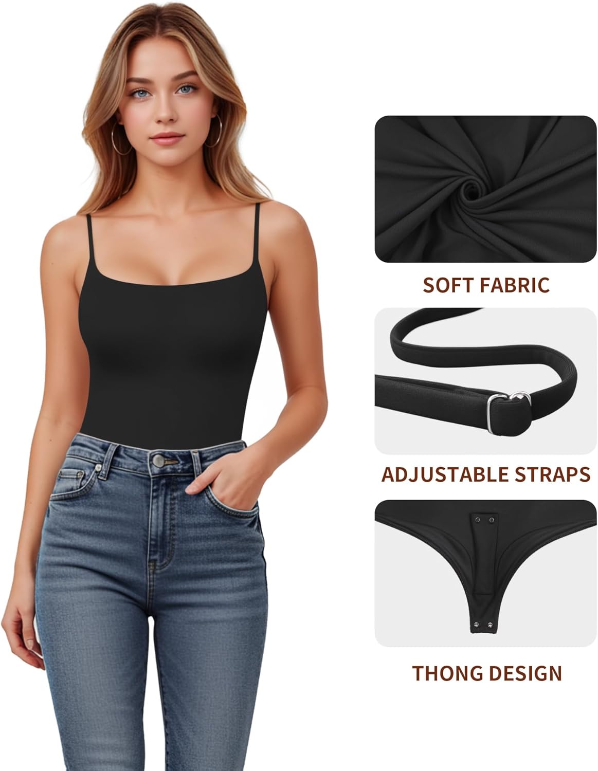 MANGOPOP Women's Cami Thong Bodysuit - Double Lined Square Neck, Backless | Adjustable Spaghetti Straps