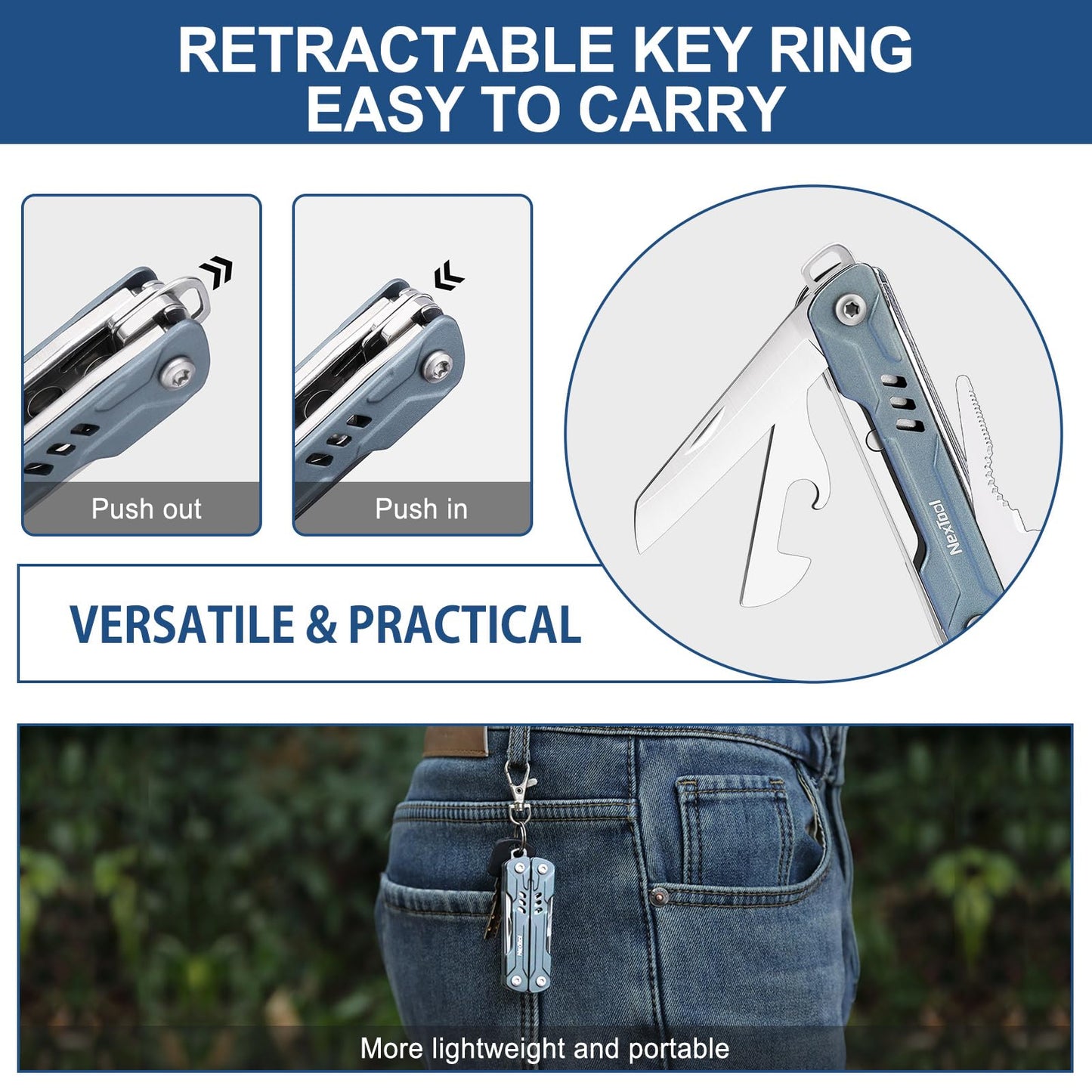 NexTool Mini Sailor S11 Keychain Multitool, 11-in-1 EDC Pliers (Blue)