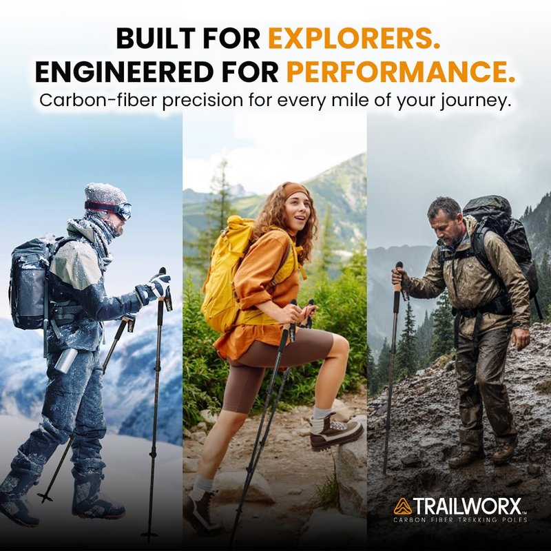 TRAILWORX 3K Carbon Fiber Trekking Poles, Collapsible Set of 2 Lightweight Adjustable Hiking Poles 24.5"-54" with Cork Grip, Tungsten Carbide Tips, Black, Includes Carry Bag, Snow & Mud Baskets