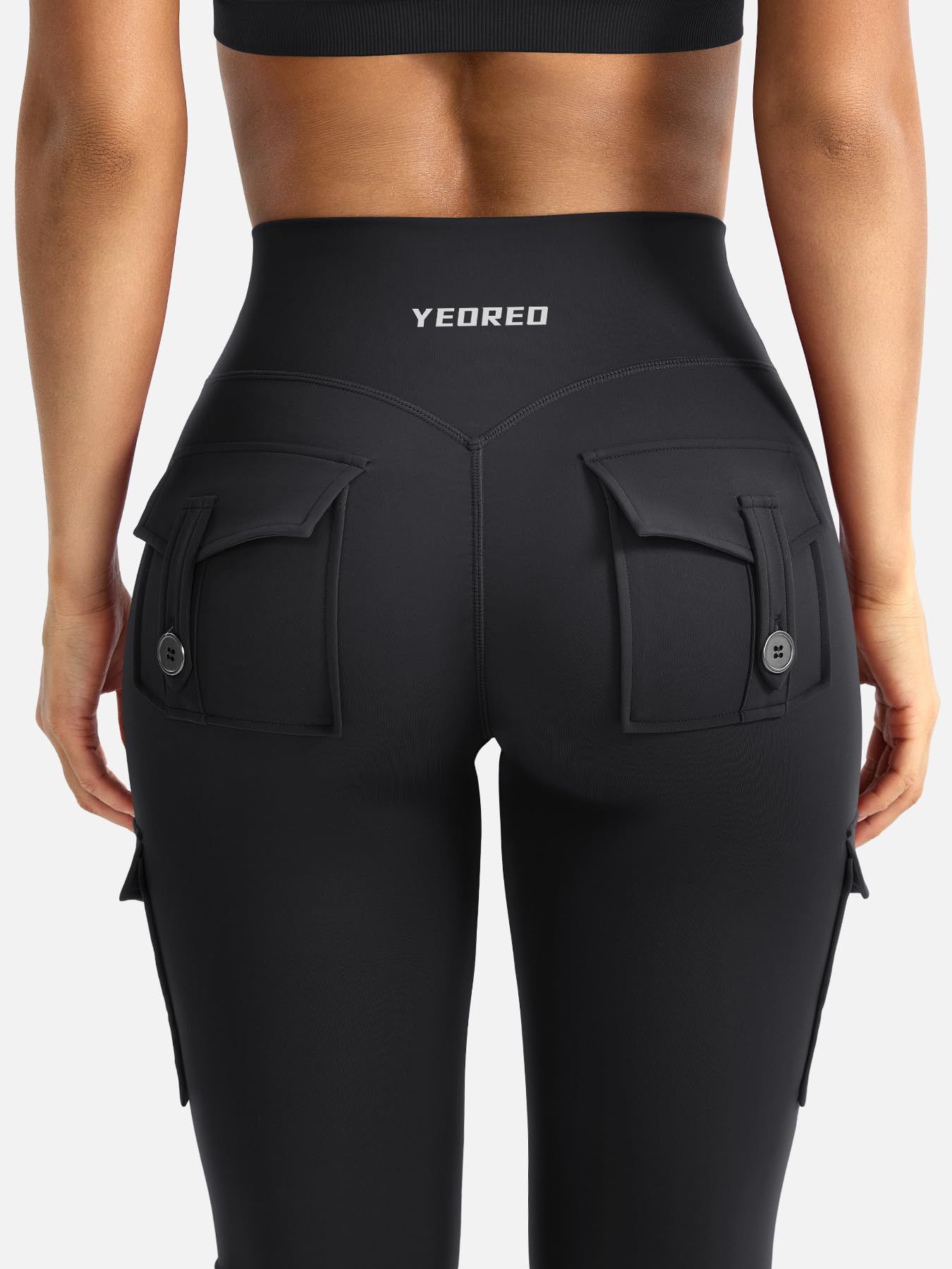 YEOREO CoreFlex Women Workout Flare Leggings with Pockets Scrunch Cargo Gym Yoga Leggings Black L