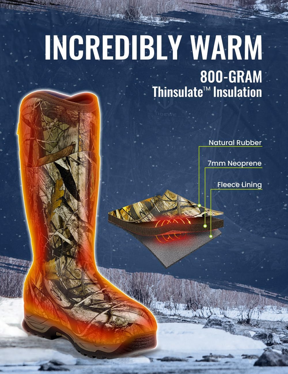TIDEWE Waterproof Insulated Rubber Hunting Boots - 7mm Neoprene, Camo G2 | Sizes 6-14