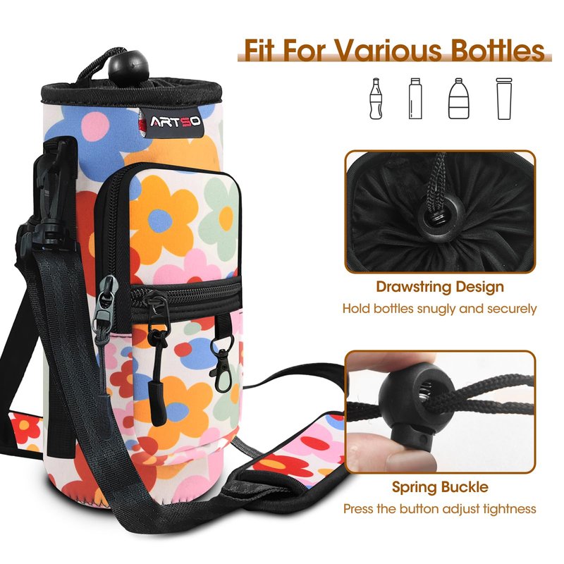 ARTSO Water Bottle Carrier Bag with Phone Pocket, Neoprene Sleeve Water Bottle Holder Sling Bag Pouch with Adjustable Strap 25/32/40/64 oz for Walking Hiking Camping Gym(32oz, Colorful Flowers)