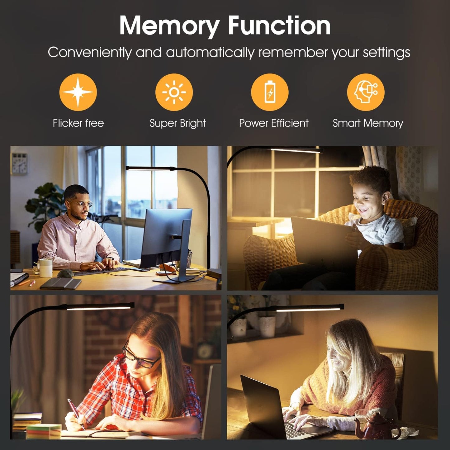 LED Desk Lamp with Clamp - Eye-Caring Clip-On Light for Home Office | 3 Modes, 10 Brightness Levels, Flexible Goose-Neck, Metal, Black