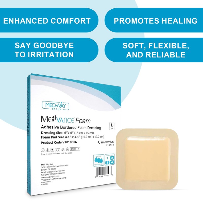 MedVance TM Foam – Bordered Adhesive Hydrophilic Foam Dressinge 6"x6" (4.1"x4.1" Pad) Box of 5 dressings