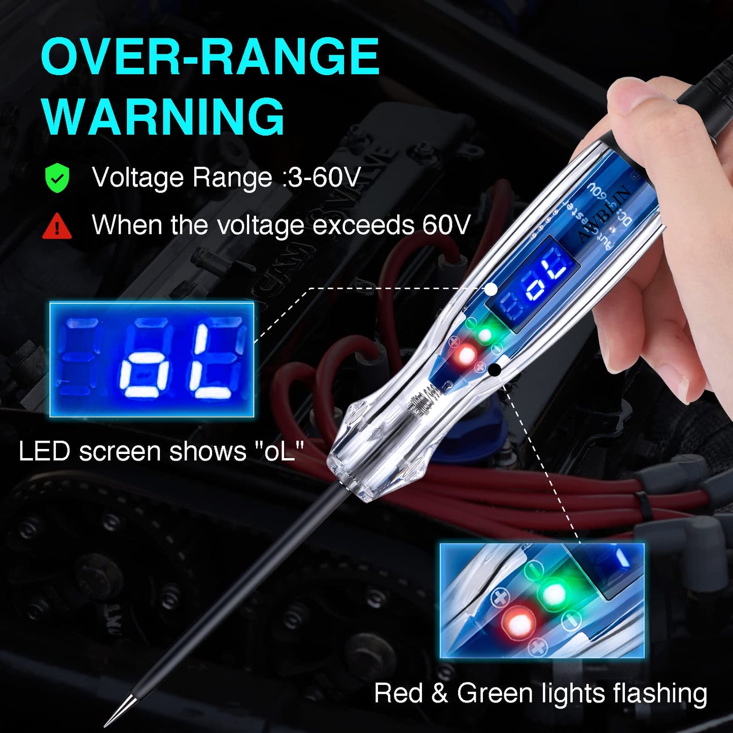 AWBLIN Automotive Test Light 3-60V DC Digital LED Circuit Tester, Heavy Duty Light Tester with Voltmeter, Auto Bidirectional Voltage Tester Electric Test Pen