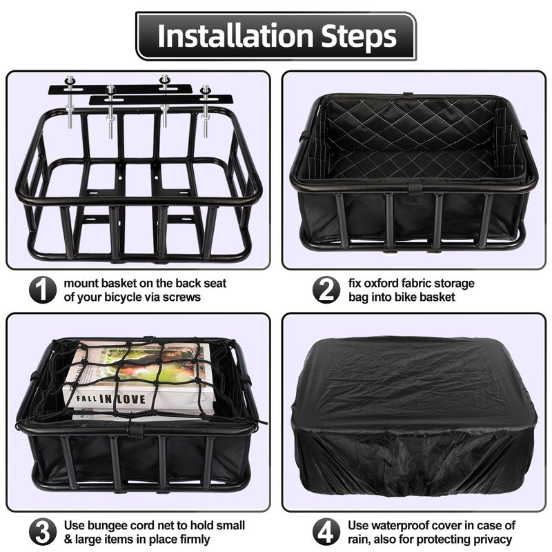 Bike Basket Rear, Bicycle Basket with Liner Bag, Waterproof Cover & Cargo Net, Heavy Duty Large Bike Basket for Most Bikes and E-Bike
