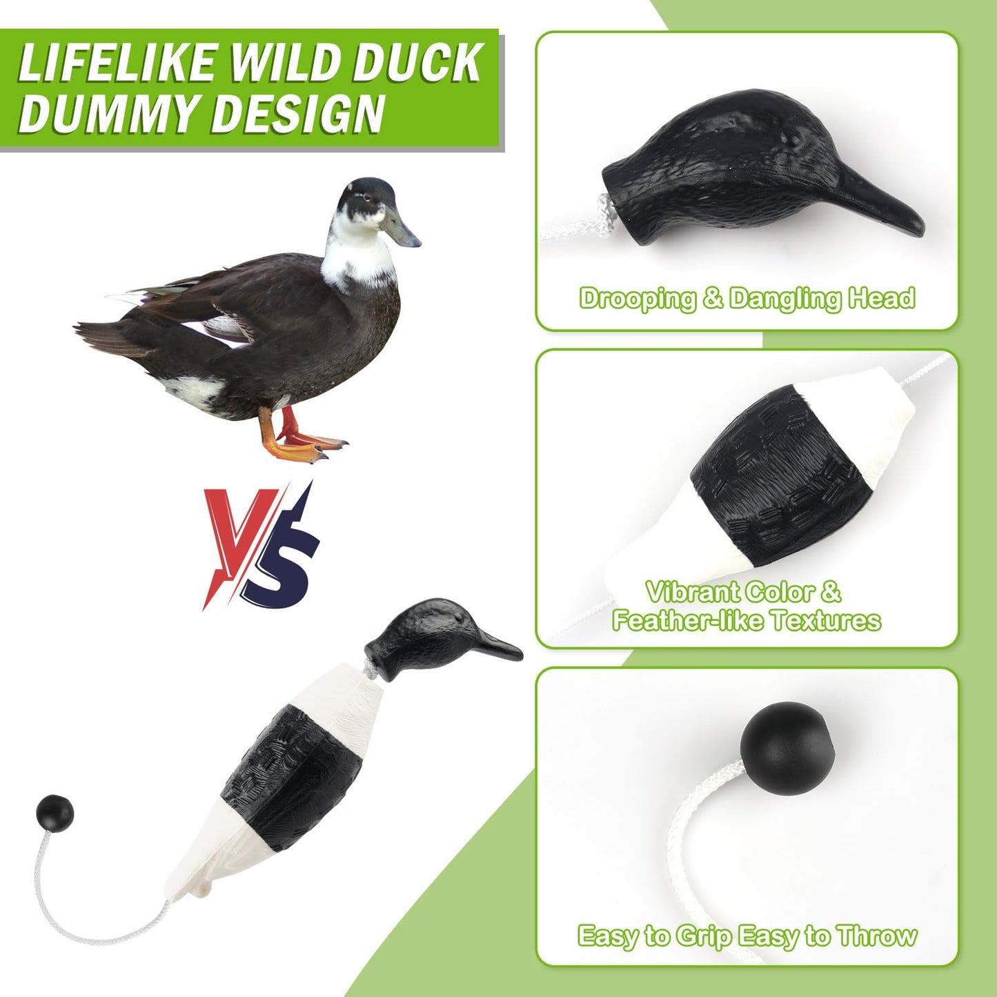 Archerest Dead Black and White Duck Dummy Bumper Toys for Waterfowl Hunting Retriever Dog Training, Floating Bird Dummy Trainer Outdoor Soft Durable Realistic Fowl