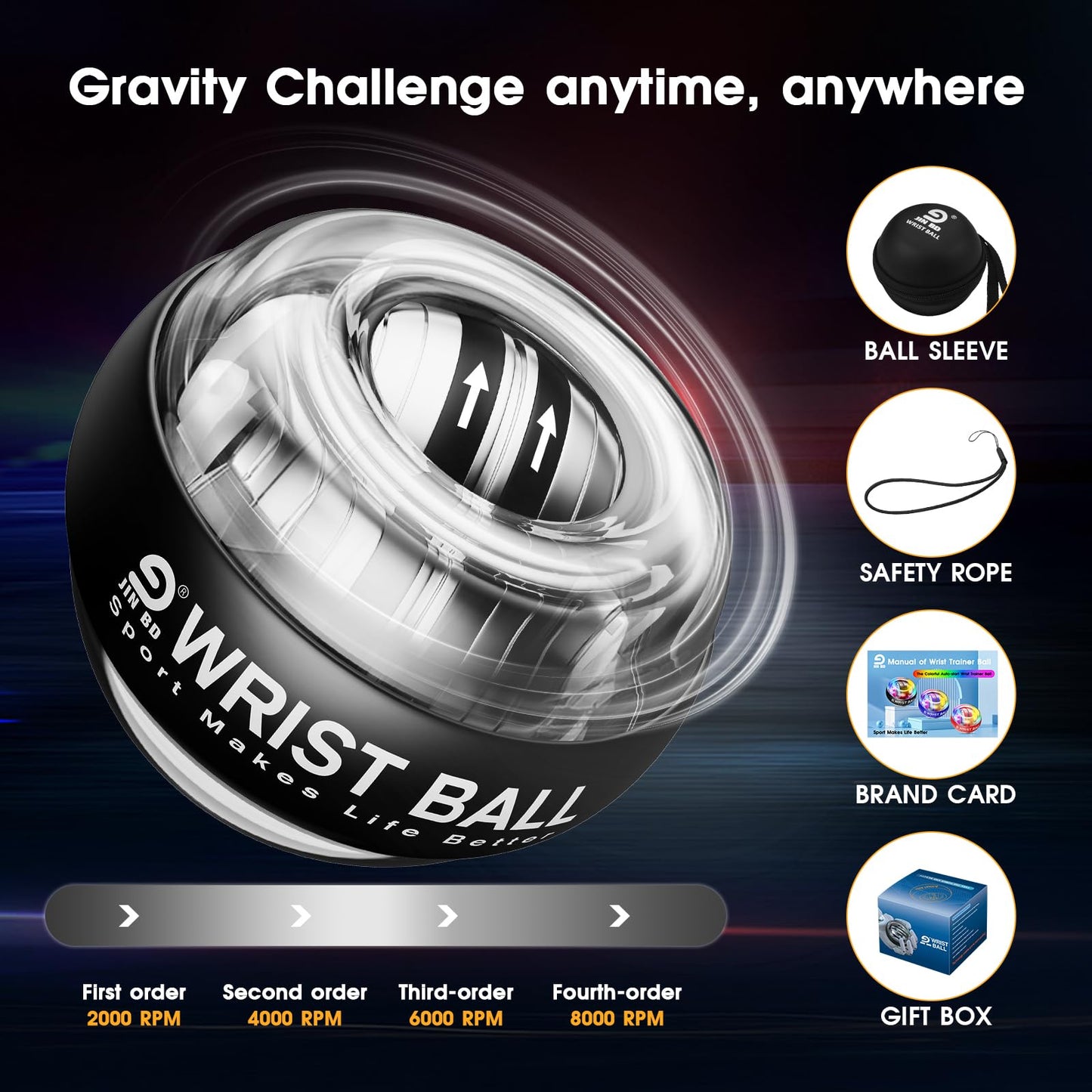 JIN BD Auto-Start Wrist Ball, Gyroscopic Desk Toy & Wrist Trainer（Black LED Light Model）