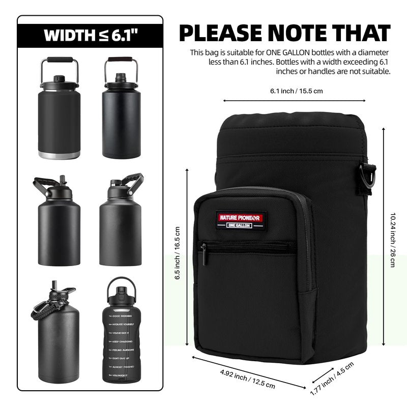 NATURE PIONEOR Water Bottle Holder with Adjustable Strap - Half/One Gallon (64/128oz) Insulated Water Bottle Sling Carrier with Phone Pocket & Paracord Handle, Outdoor Camping, Hiking, Gym