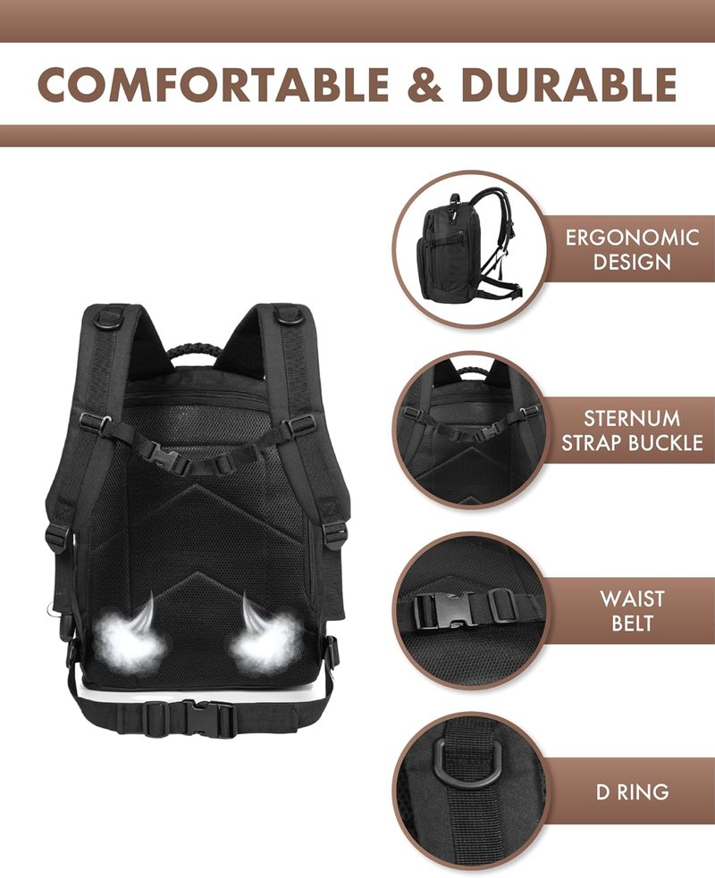 Military Tactical Backpack 40L - Lightweight Molle EDC Daypack for Hiking & Camping | Black