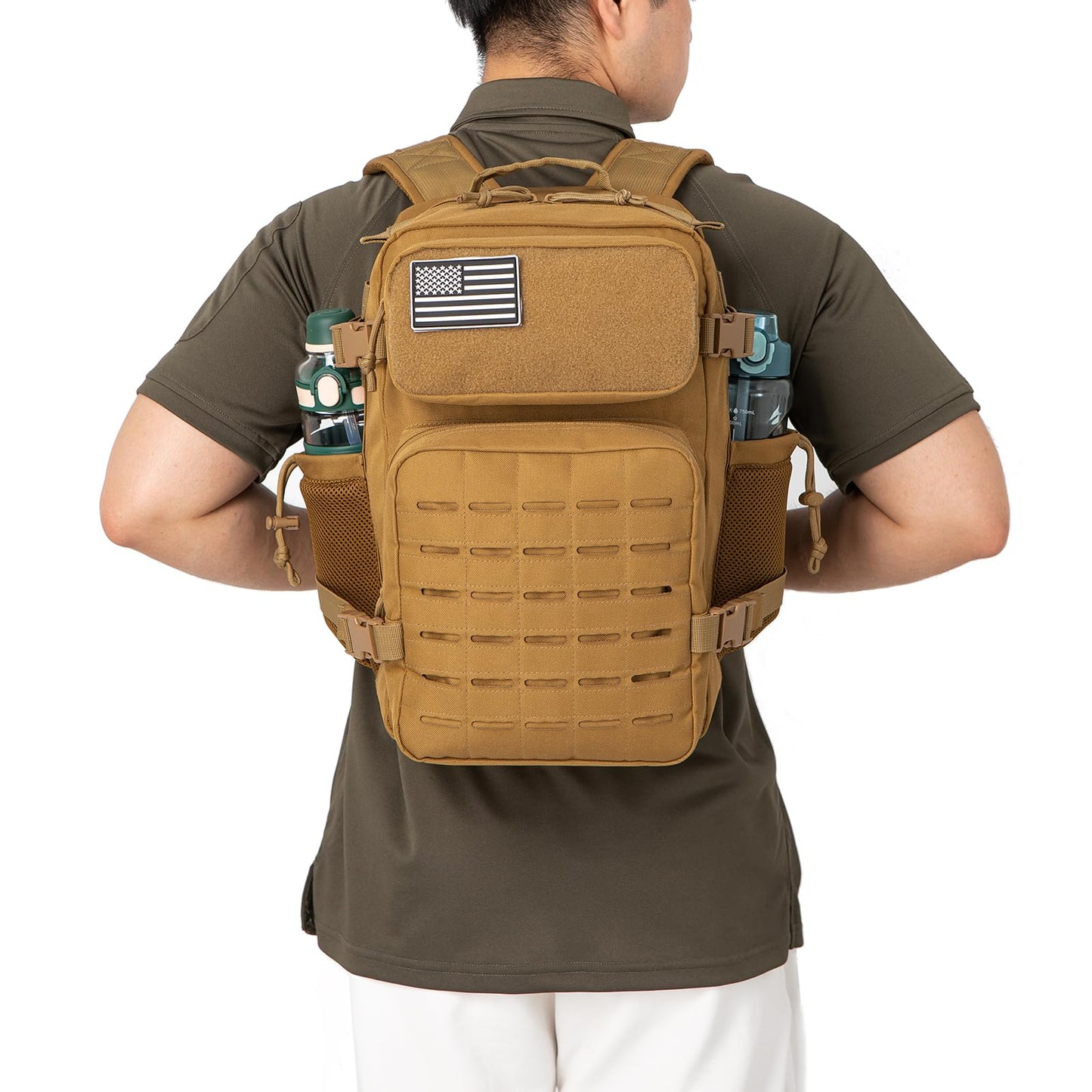 QT&QY 25L Military Tactical Backpacks For men CCW Army Laser cut Molle Daypack small EDC Bug Out Bag Gym Rucksack With Dual Cup Holders medical Rucksack Khaki