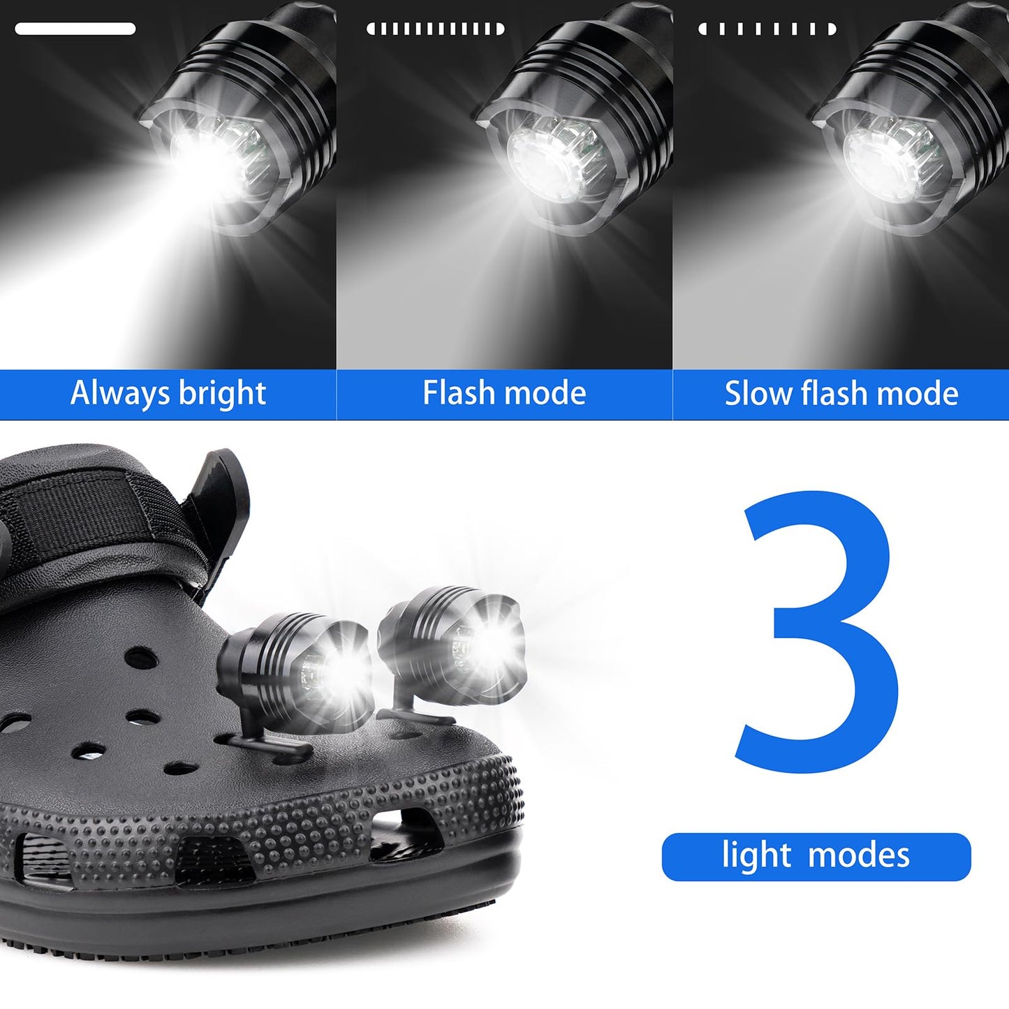 Headlights for Croc - 4pcs LED Croc Lights for Shoes Croc Charm Accessories, IP68 Waterproof for Adults and Kids - Hiking, Walking Dog and Camping Gear Essentials Black