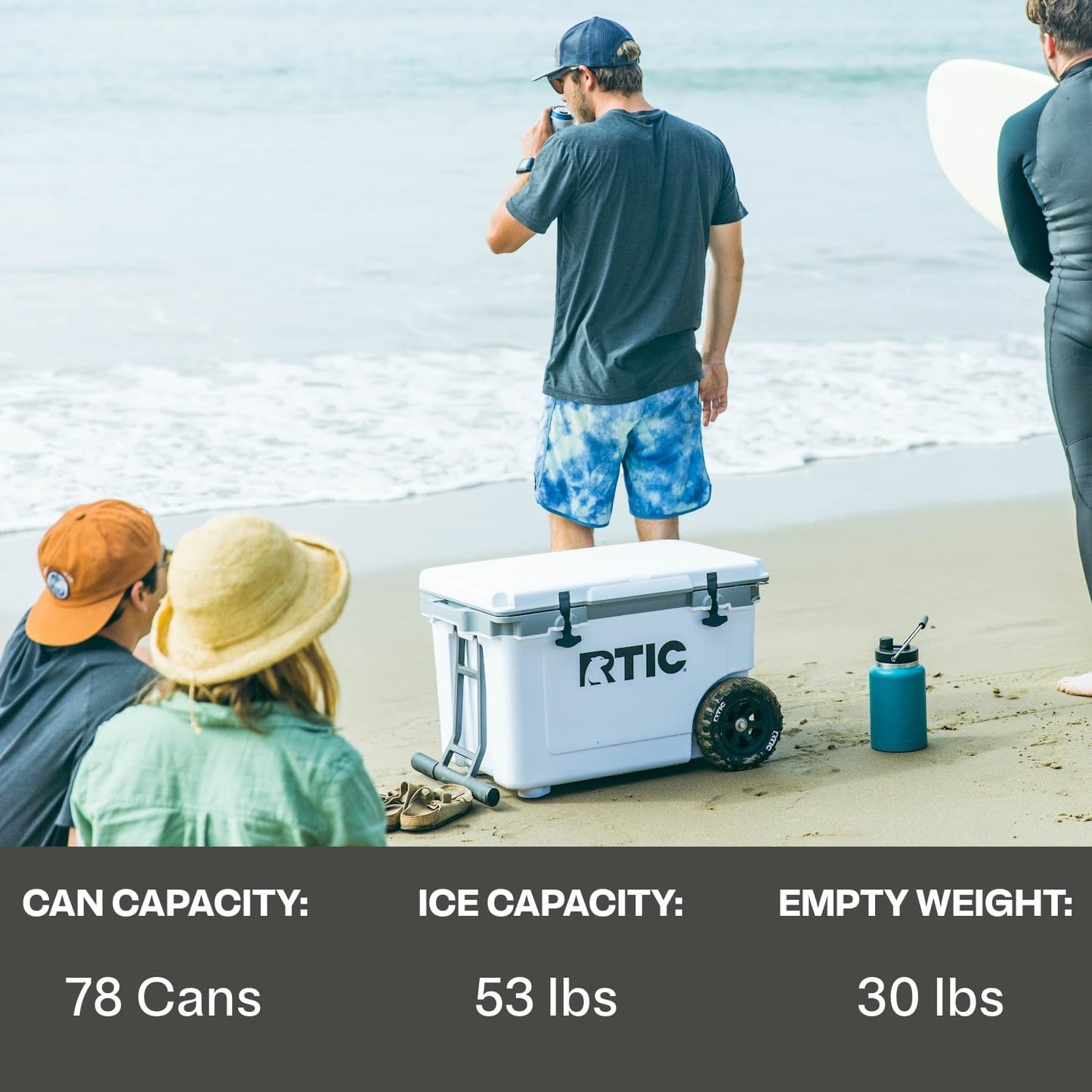 RTIC 52 Quart Ultra-Light Wheeled Hard Cooler Insulated Portable Ice Chest Box for Beach, Drink, Beverage, Camping, Picnic, Fishing, Boat, 30% Lighter Than Rotomolded Coolers, White & Grey