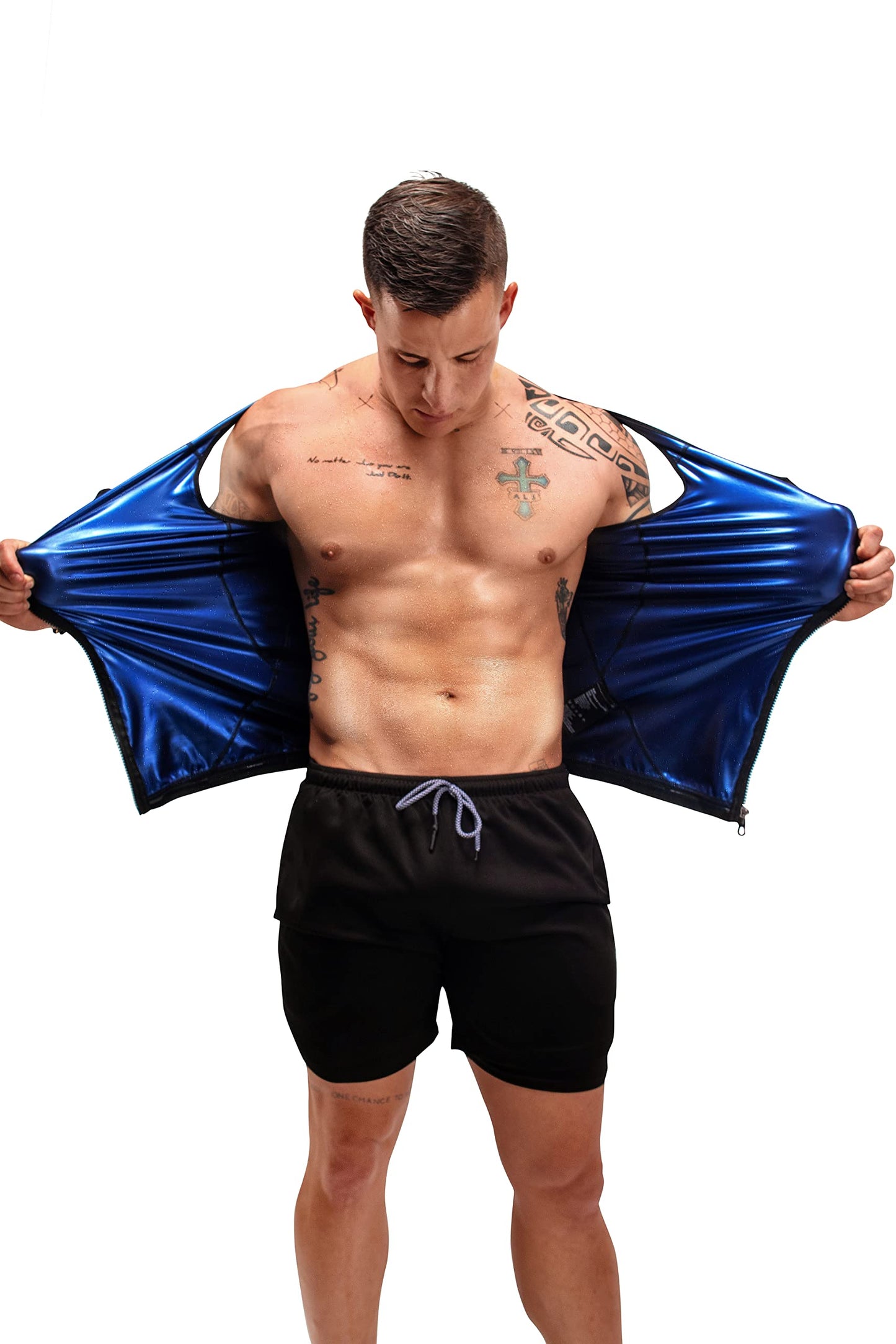 FUXERT Sauna Vest for Men Workout Tank Top for Weight Loss Slimming Compression zipper Tank Top Sweat Enhancing Vest(SOBK L/XL)