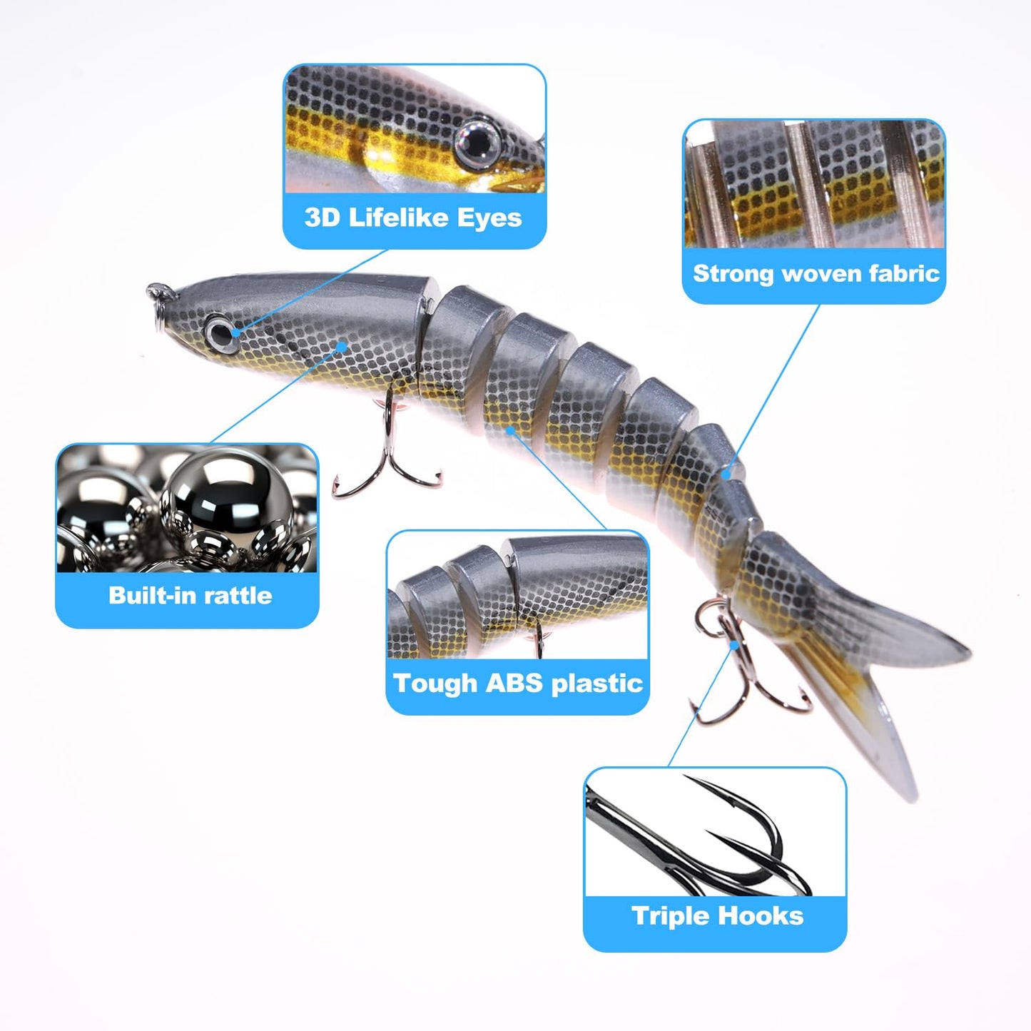 BULUSEL Fishing Lures, Multi-Jointed Segments Swimbait, Bass Lures, Baits,Swimbait, Slow Sinking Lure, Triple Hooks(#6)