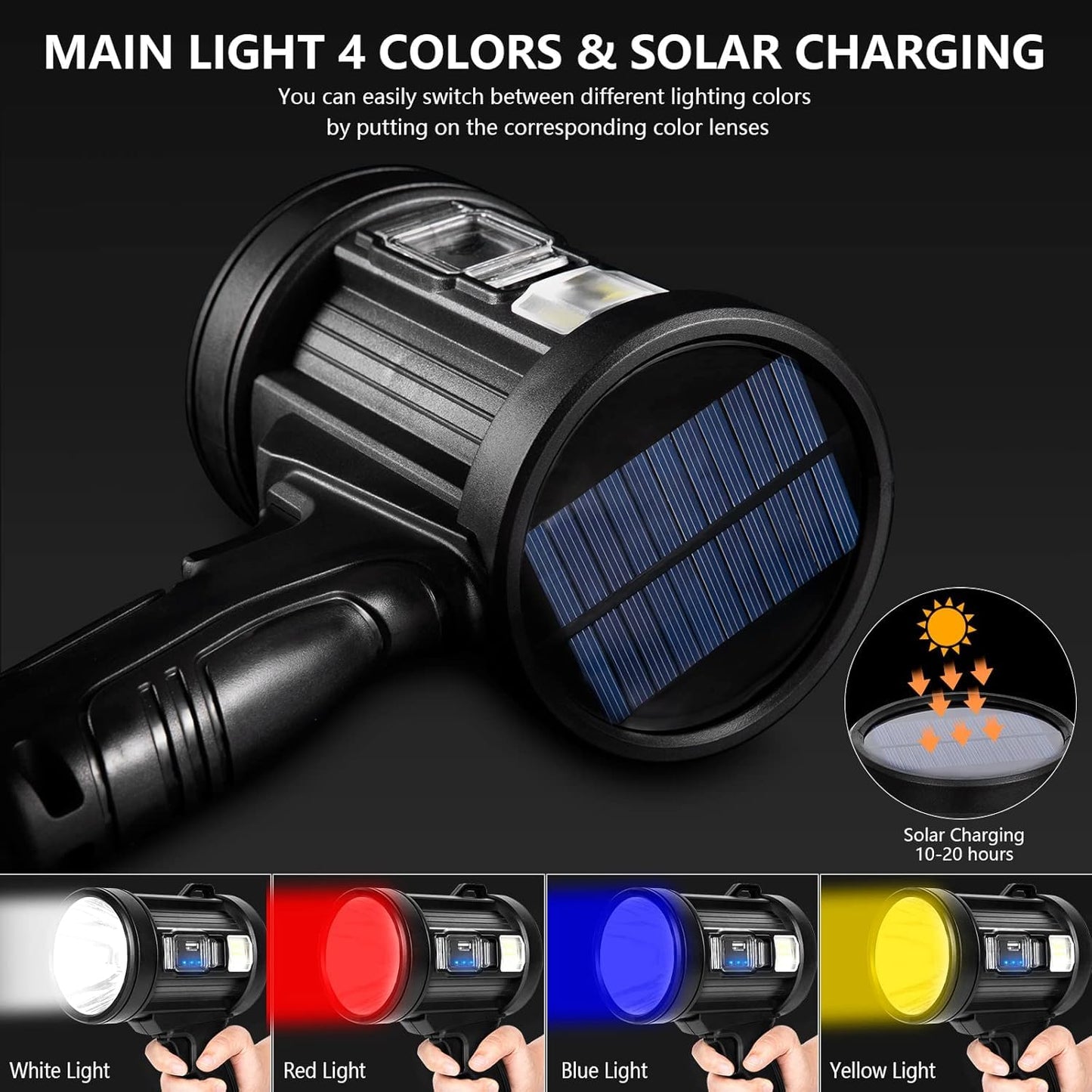 MIXILIN Rechargeable Spotlight, 2,000,000 Lumens Handheld Hunting Flashlight Led Spot Light with Cob Light and Solar Panels, Lightweight and Super Bright Spotlight for Hunting Boating Camping