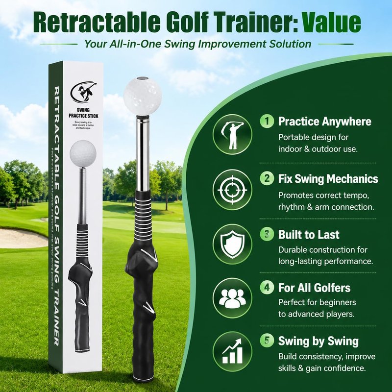 sysdmno Pop-Feedback Retractable Golf Swing Trainer – Click & Tempo Stick for Right-Handed Golfers, Grip Trainer, Arm Connection, Indoor/Outdoor Practice, Ideal Gift for Beginners