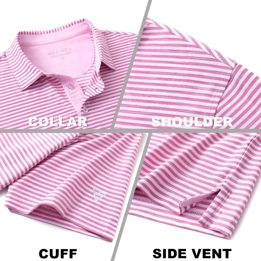 M MAELREG Mens Golf Shirt Short Sleeve Dry Fit Striped Casual Moisture Wicking Collared Golf Polo Shirts for Men Rose White