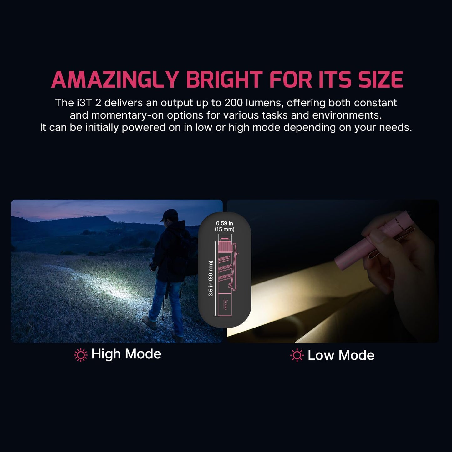 OLIGHT I3T 2 EOS Pocket EDC Flashlight, 200 Lumens Compact Bright Handheld Flashlights, Dual-Output Tail Switch Light with AAA Battery and Two-Way Pocket Clip for Camping and Hiking (Sweet Pink)