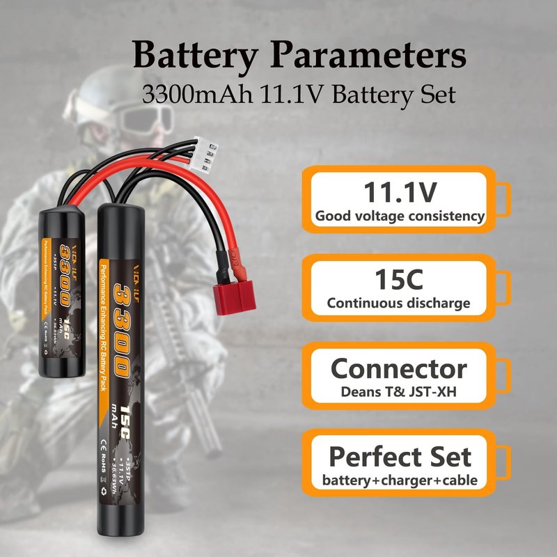 3300mAh Airsoft Battery - 11.1V Nunchuck Rechargeable Battery | Fits AEG AK47, M4, MP5 & More