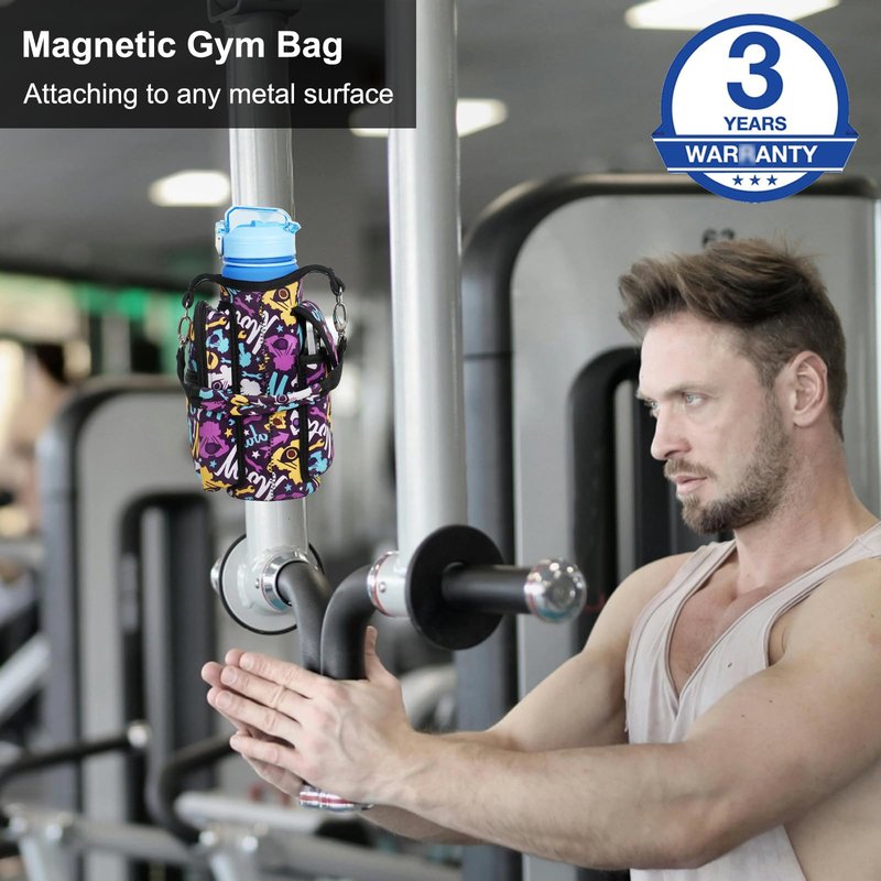Panmout Magnetic Gym Bag with 27 oz Gym Bottle, Water Bottle Holder Pouch Carrier Bag with Adjustable Strap, Side Pockets, for Outdoor Workout (Pattern)