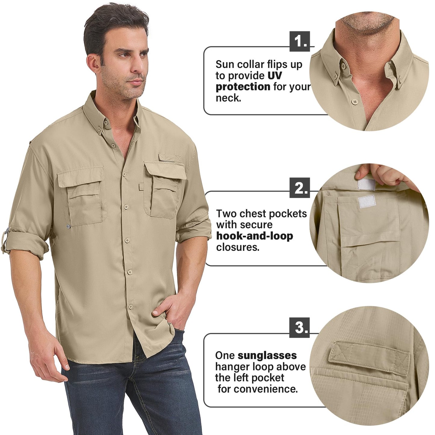 Men’s Long Sleeve Shirts UV UPF 50 Sun Protection Hiking Fishing Safari Shirt Quick Dry Cool Utility Blouse (5052 Khaki M)